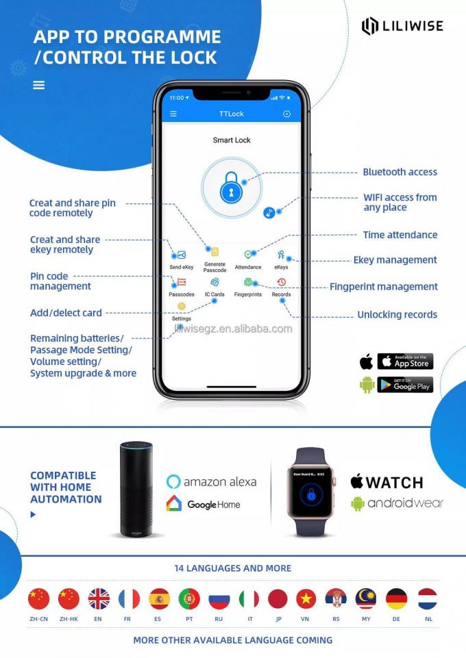 Liliwise Smart Remote Control Замок отпечатков пальцев без ключа водонепроницаемый электрический контроль безопасности Алюминиевые дверные замки с приложением 3